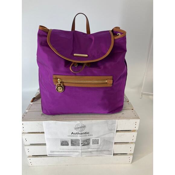 Michael Kors Handbags - MICHAEL KORS, LARGE PURPLE, BROWN NYLON LOCK CHARM BACKPACK